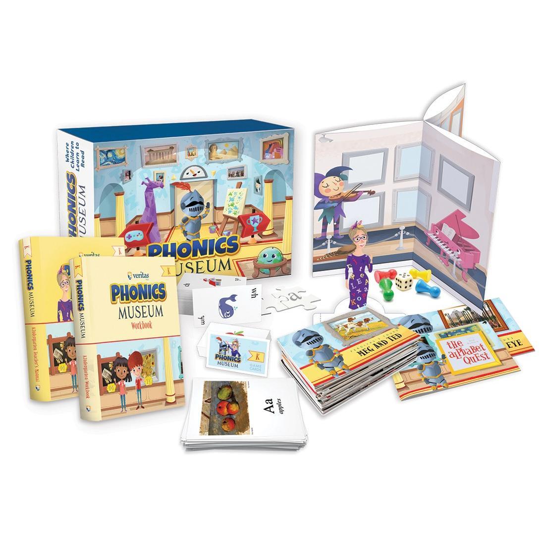 The Phonics Museum Kindergarten Kit contents, including the teacher's manual, workbook, fine art flashcards, pop-up museum game board, primers, and puzzle pieces.