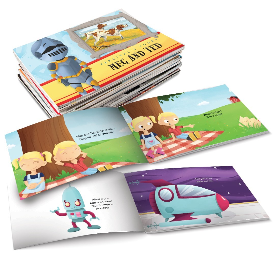 A stack of Phonics Museum primers with three open to interior pages showing illustrated decodable stories.