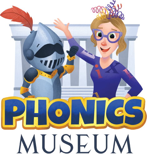 Percival the boy knight and Miss Biddle waving in front of the Phonics Museum, with the Phonics Museum logo.