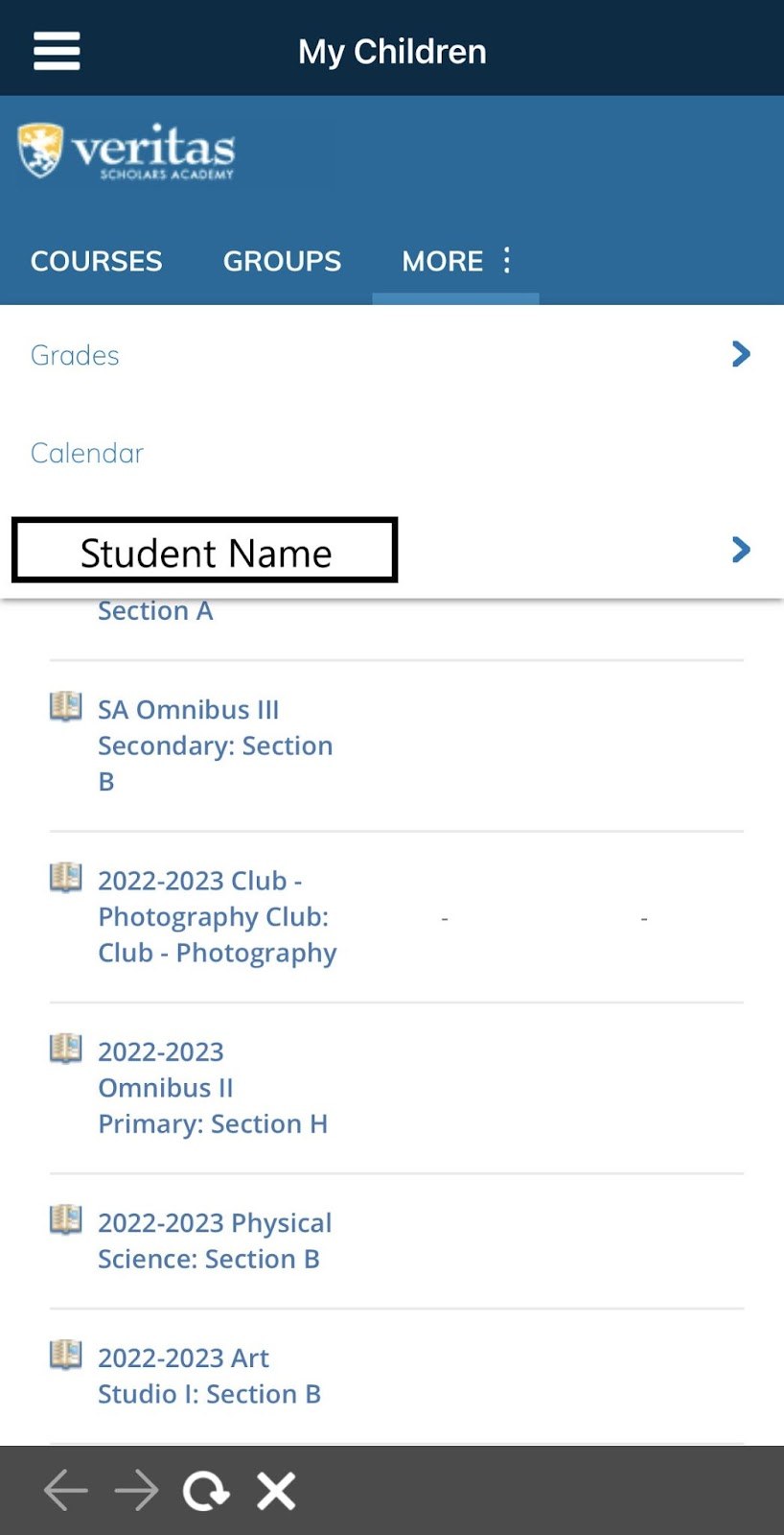 Click “MORE:” Then click the Student Name to get to the menu to choose between students/parent view. Students have courses. Select a student to view their courses and grades.