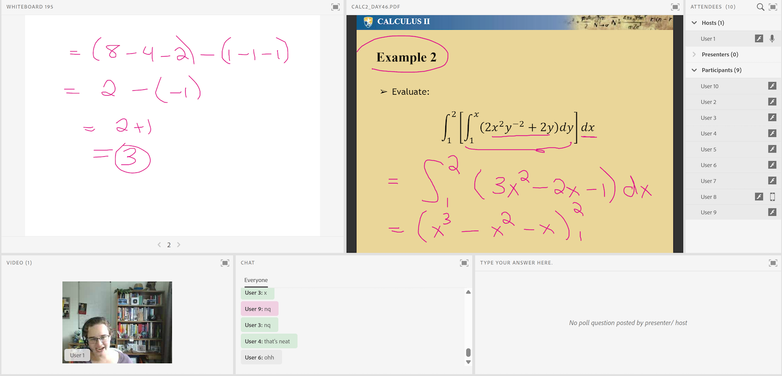 screenshot of a live online class. Teacher and a whiteboard with math problems.
