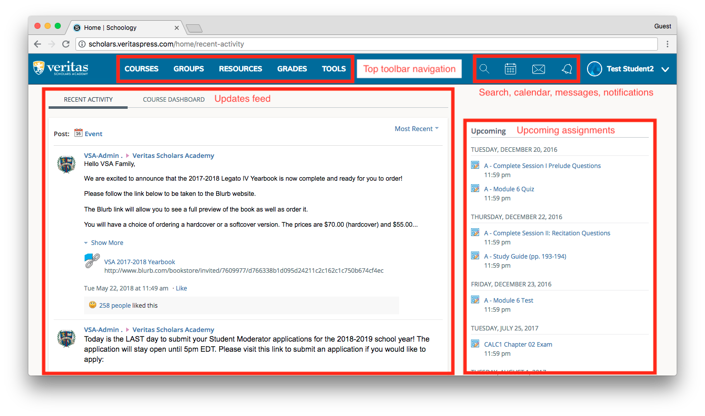 Labeled diagram of the Schoology homepage