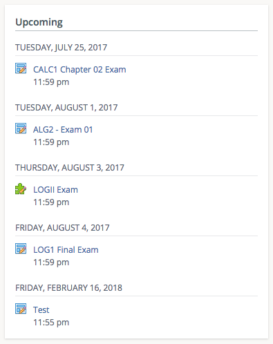 The Upcoming column listing assignments and events