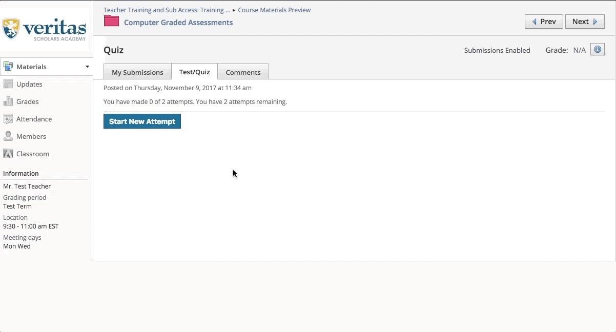 Taking an online quiz in Schoology