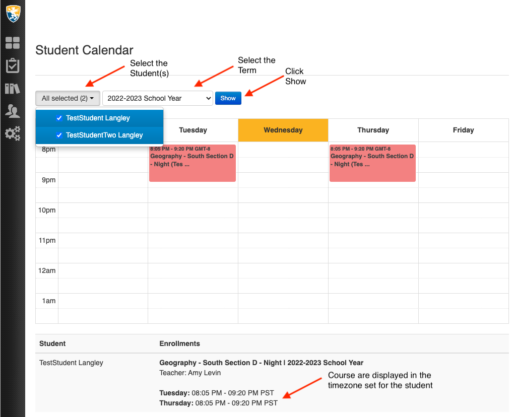 The Enrollments Calendar with student, term, and Show controls