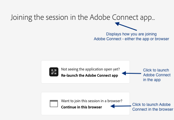 Choosing to open the classroom in the Adobe Connect app or in the browser