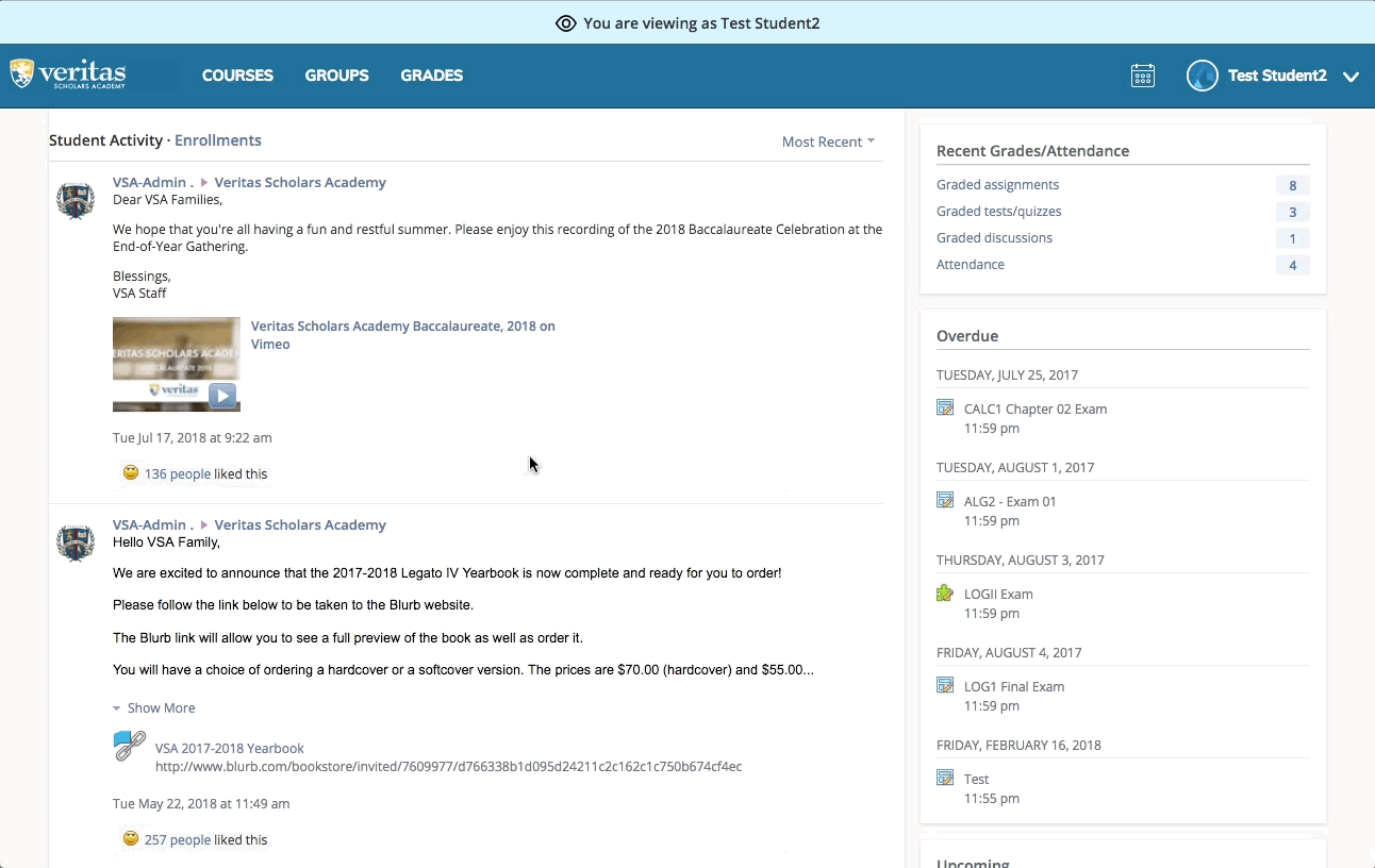 A course gradebook in Schoology with grades and comments